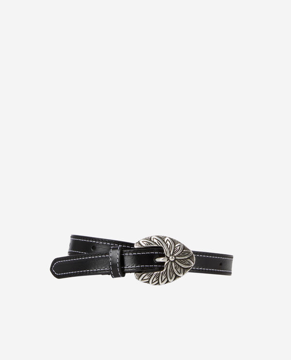 thin black leather belt with flower engraved buckle