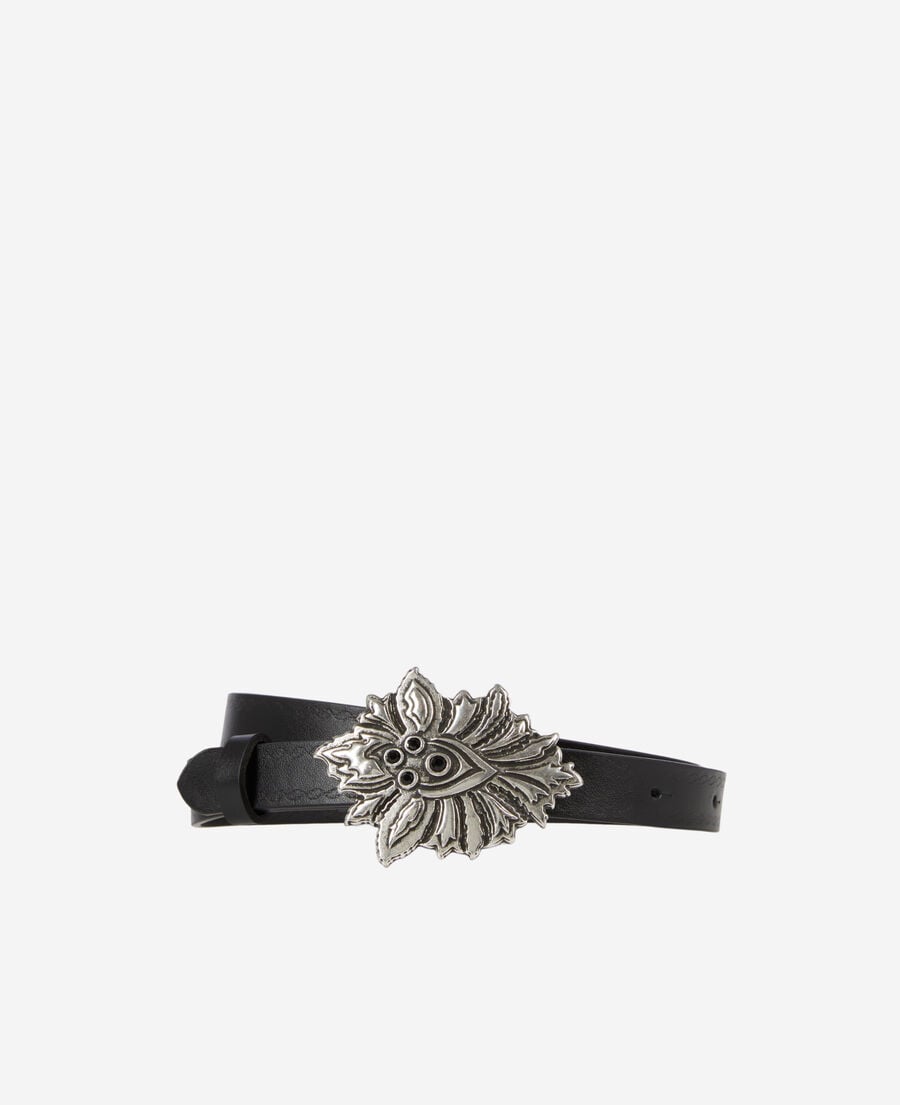The Kooples WOMEN BLACK thin black leather belt with flower buckle