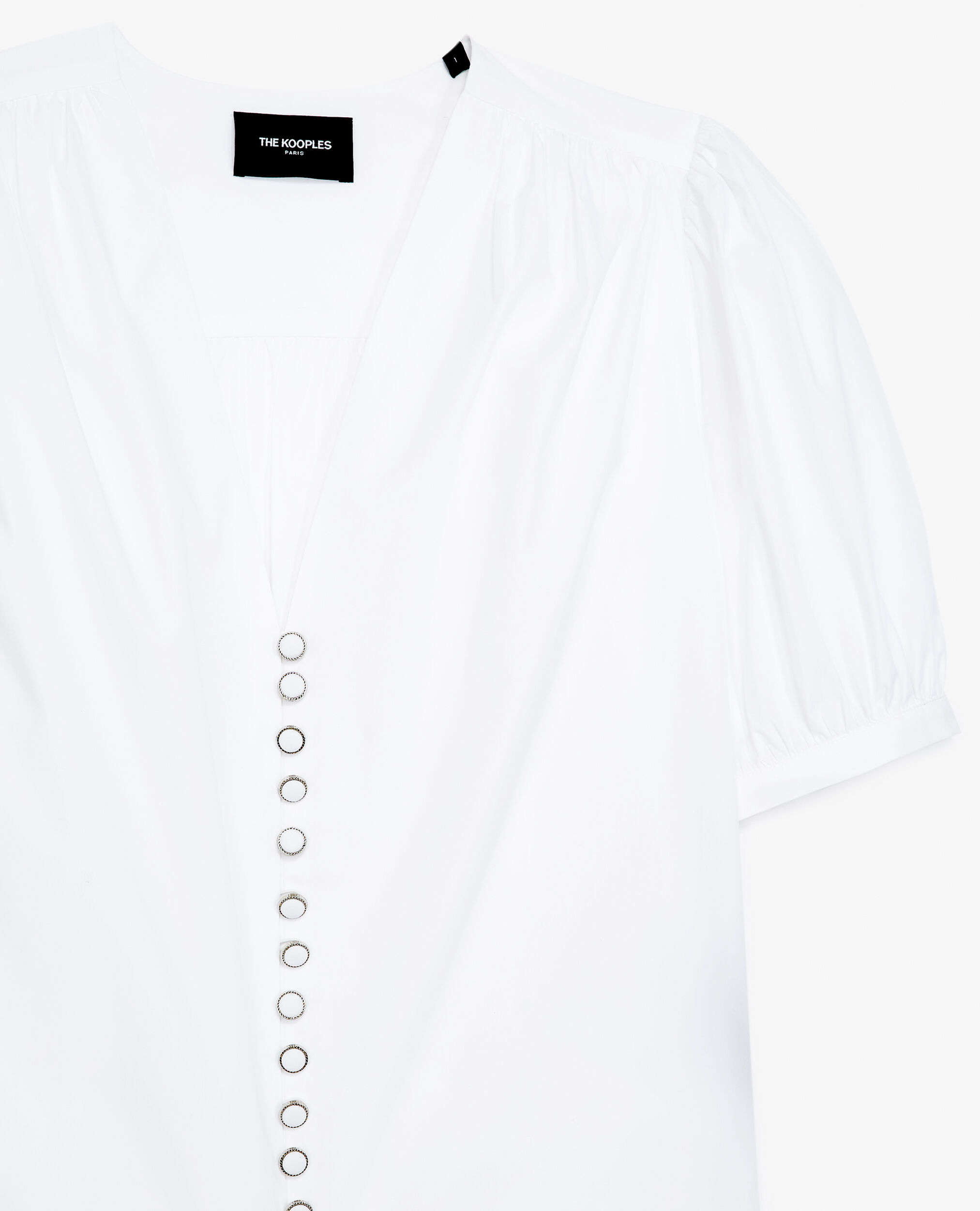 Chemise blanche col V manches ballons, WHITE, hi-res image number null
