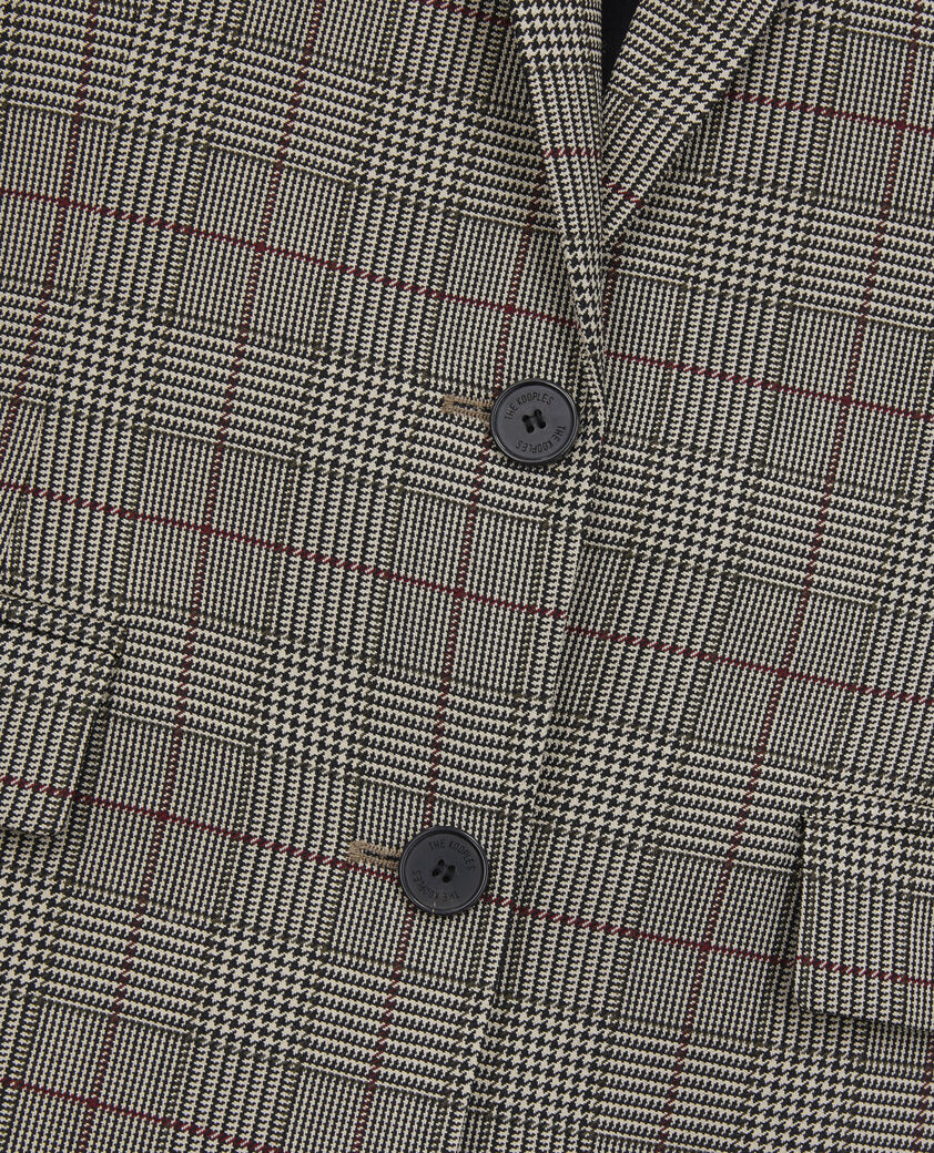 The Kooples FEMME ECRU / BLACK / BURGUNDY blazer prince de galles beige et bordeaux