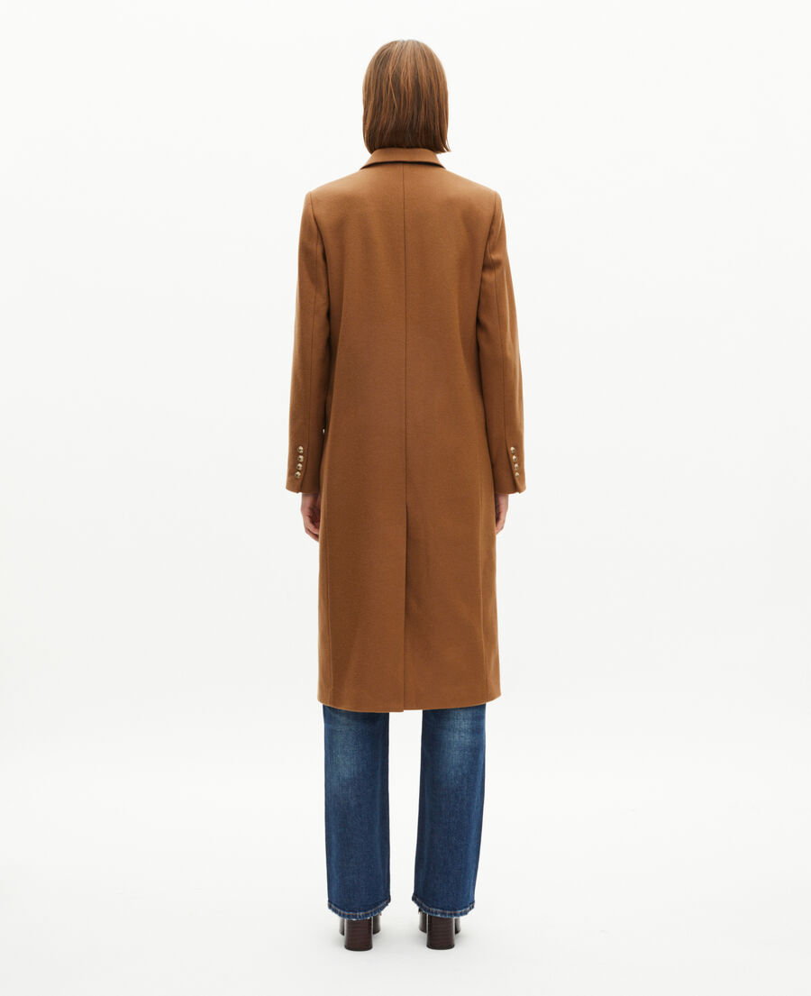 The Kooples FEMME CAMEL MELANGE / BURGUNDY manteau long croisé en laine camel