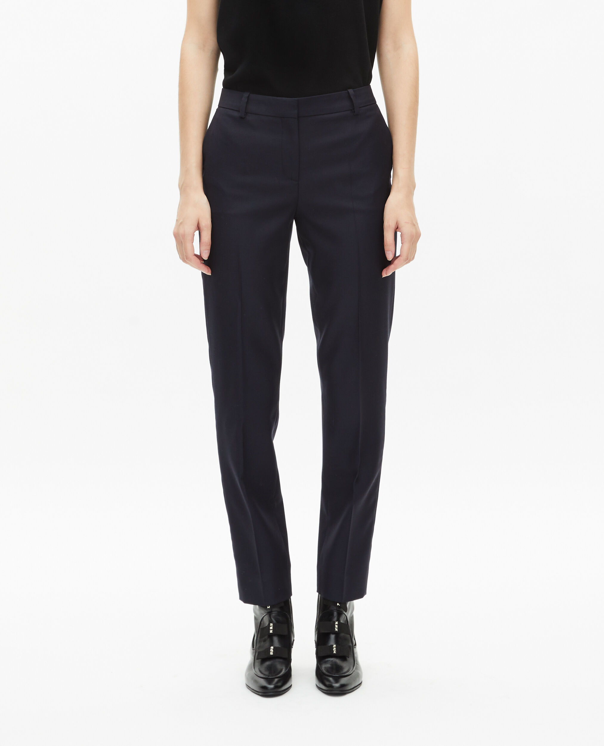 Navy blue slim-fit wool tailored trousers, NAVY, hi-res image number null