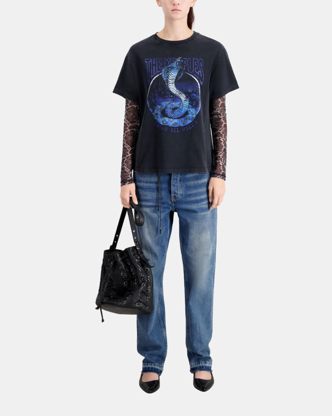 The Kooples DAMEN BLACK BLUE schwarzes t-shirt damen mit „cobra“-siebdruck