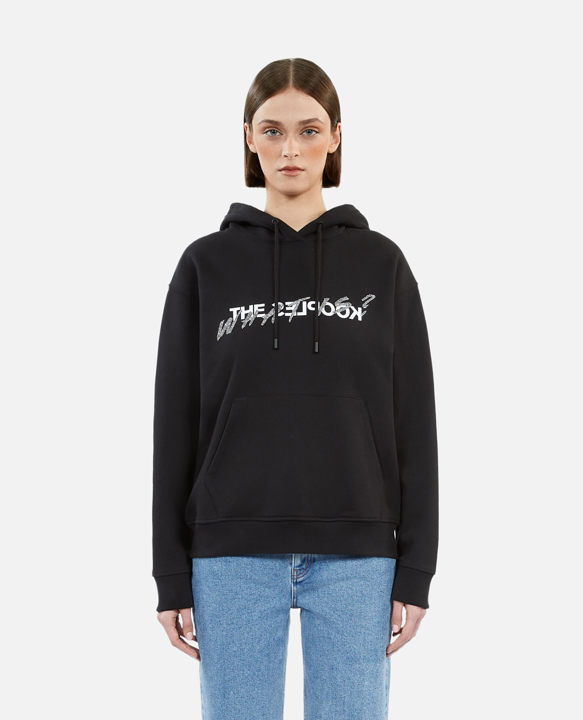 Women's Black What is sweatshirt with rhinestones, BLACK, hi-res image number null