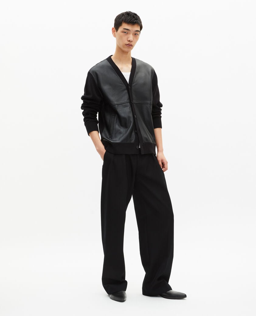 The Kooples HERREN BLACK geknöpfte strickjacke aus zwei materialien mit schwarzem leder