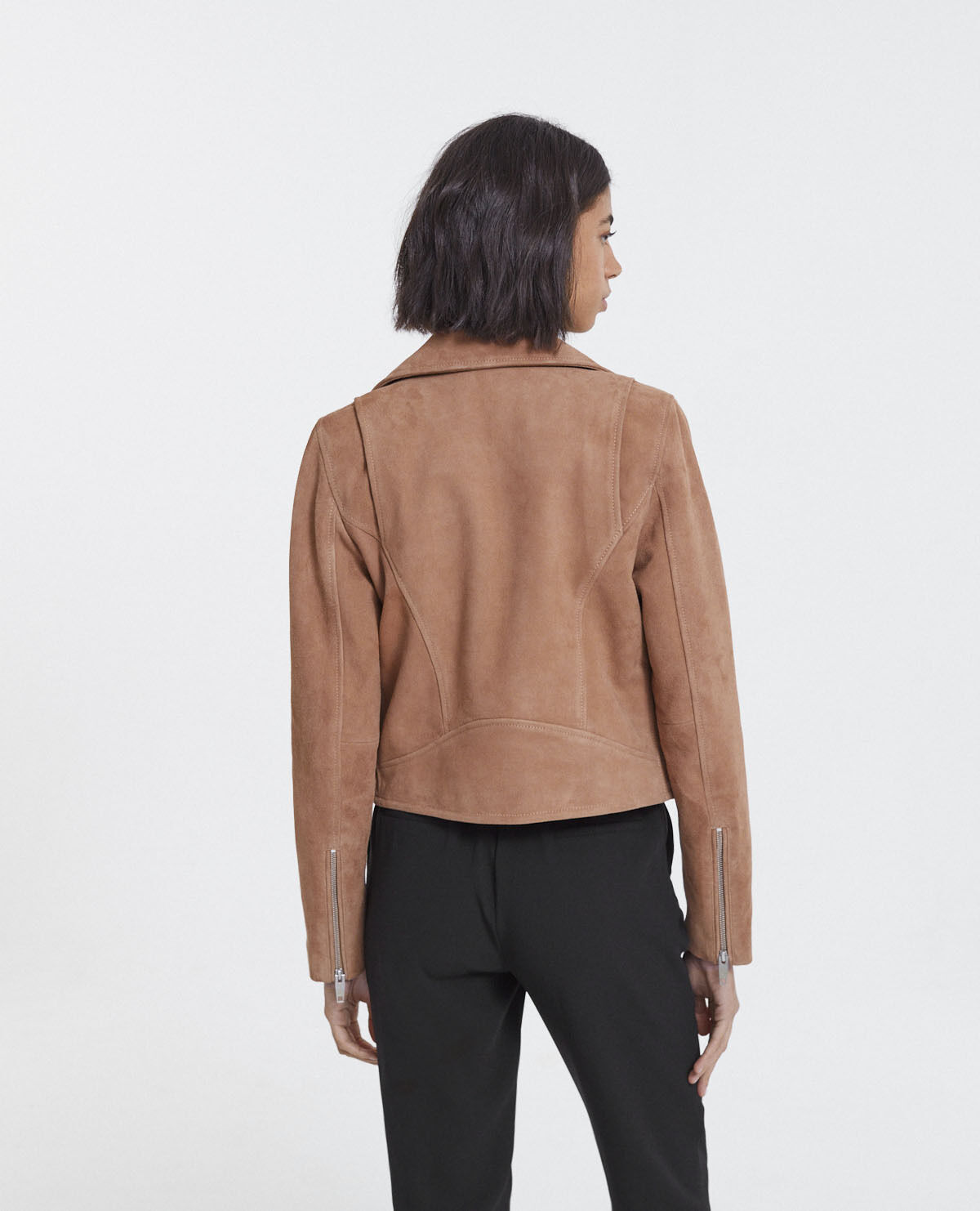 Suede leather zipped camel biker jacket The Kooples US