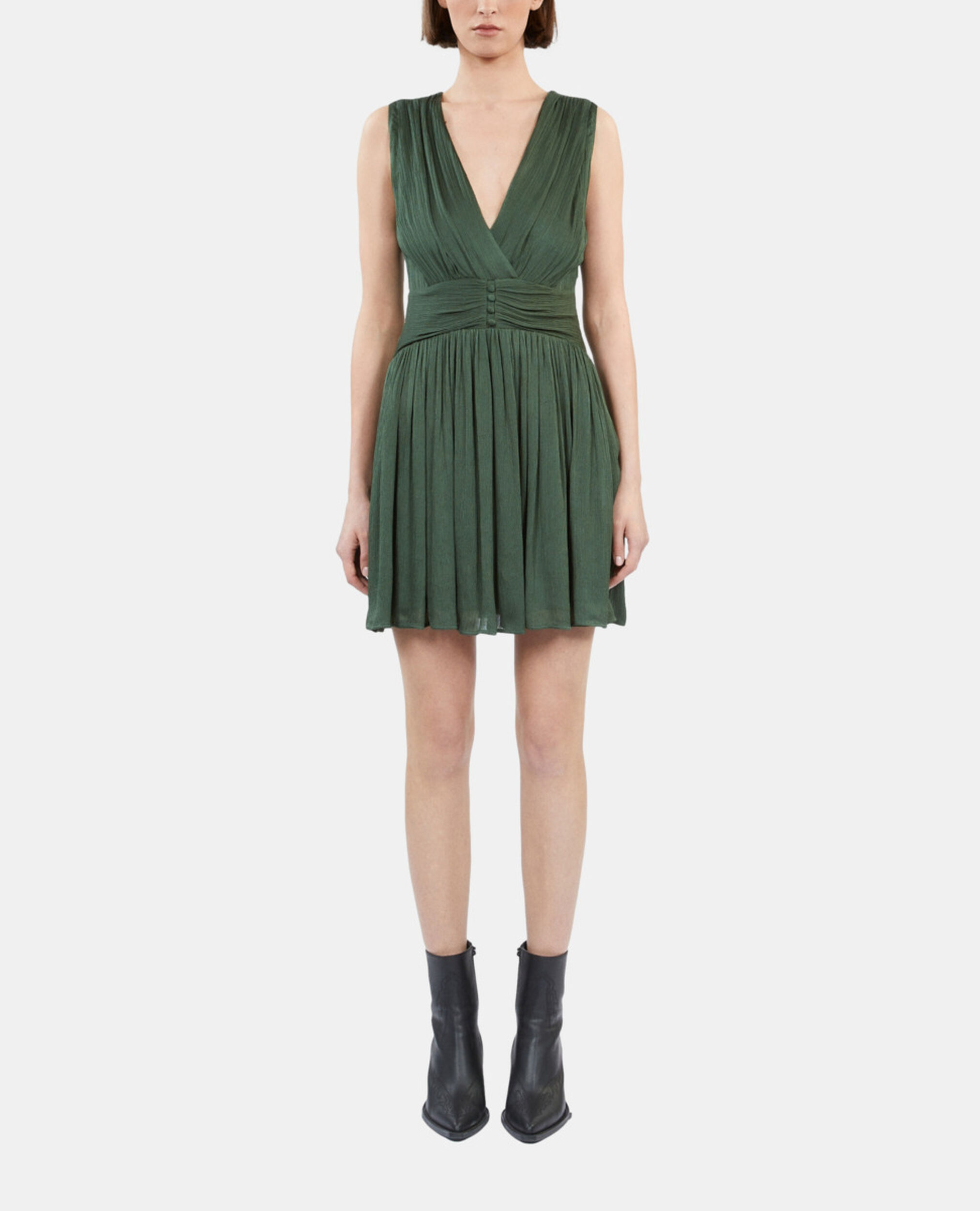 Short green crinkle fabric dress, WOOD KAKI, hi-res image number null