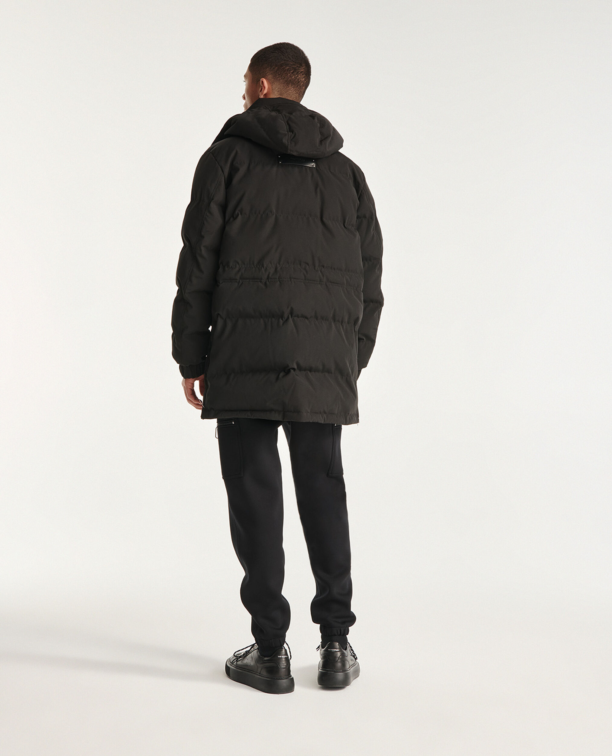 Long black nylon parka with removable hood, BLACK, hi-res image number null