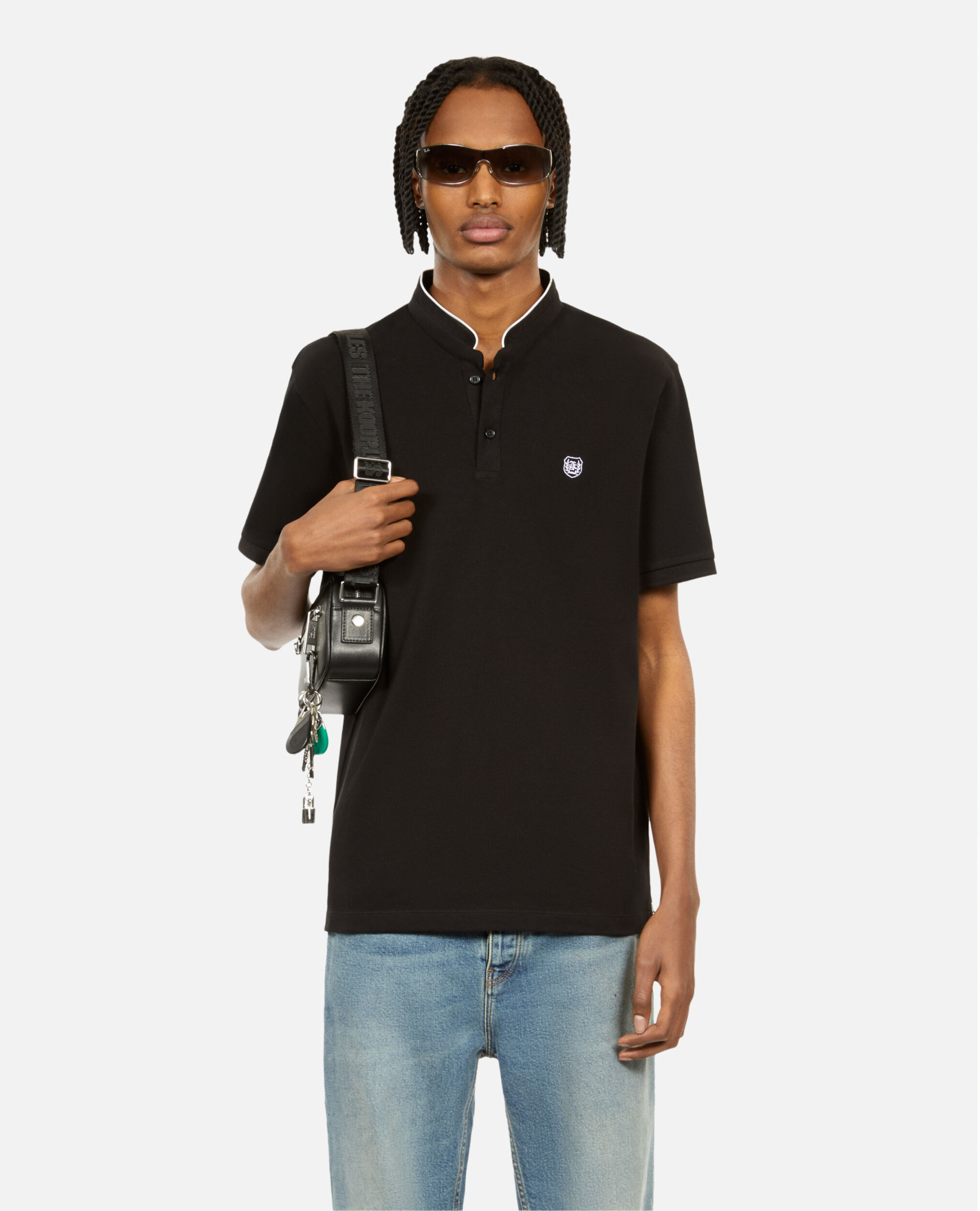 Black pique cotton polo t-shirt, BLACK / WHITE, hi-res image number null
