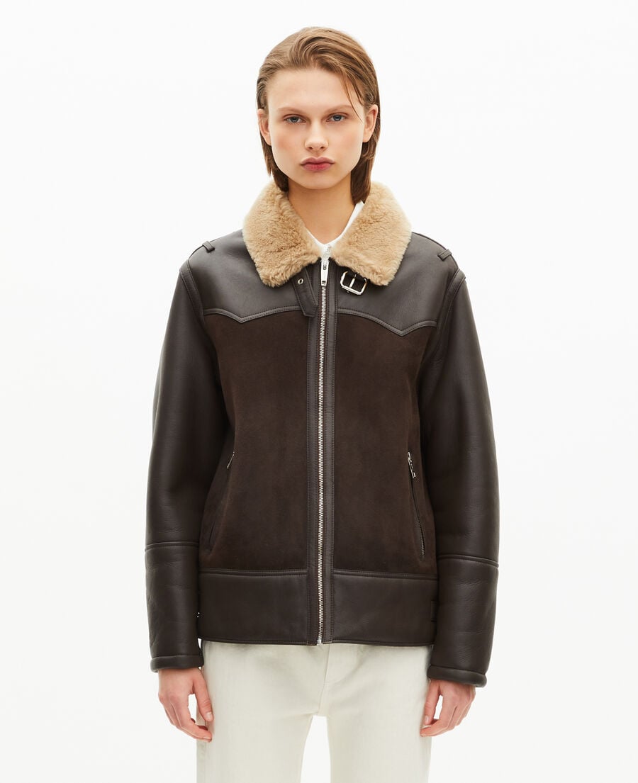 The Kooples DAMEN BROWN kurzes wollfell mit braunem sherpa-kragen