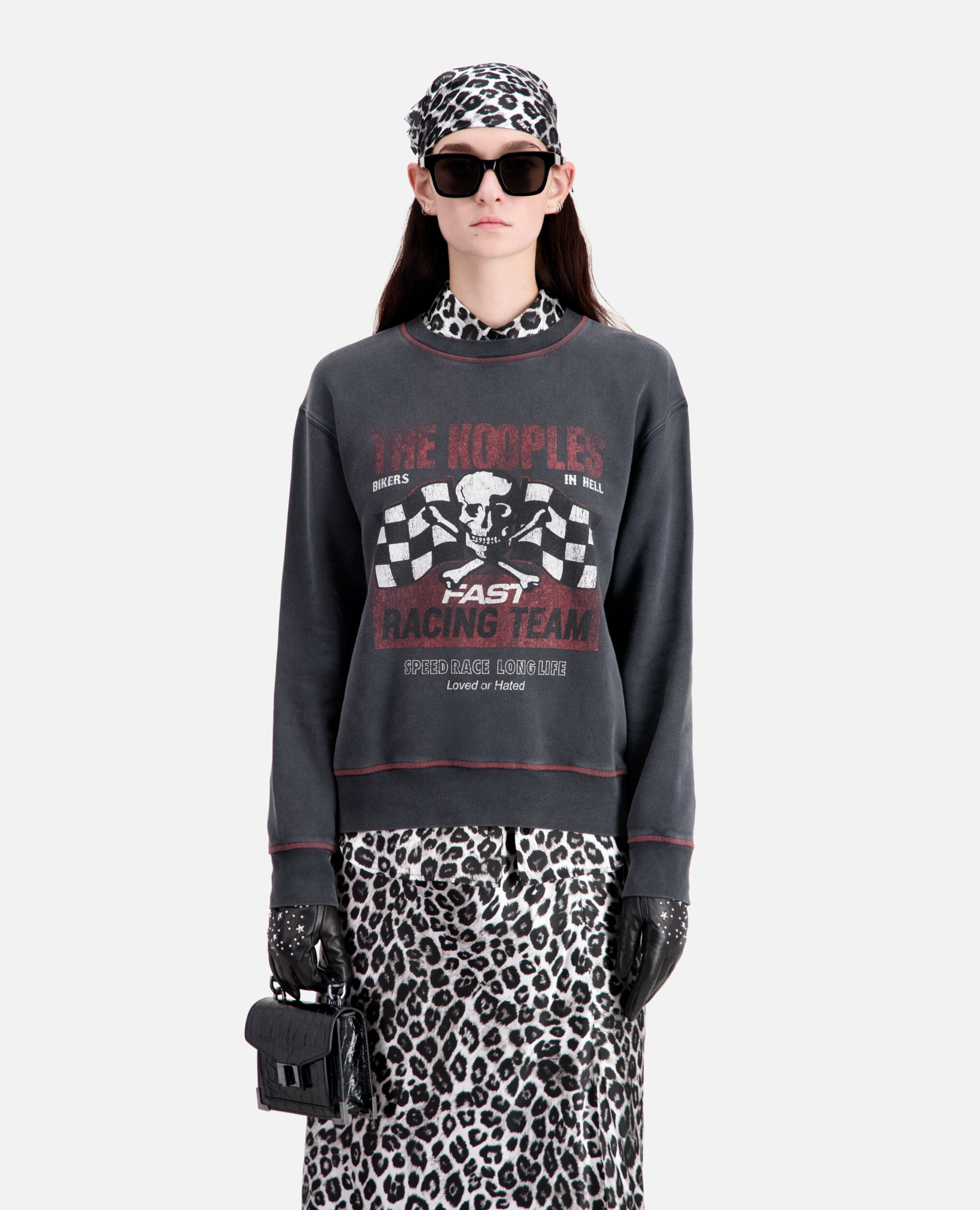 Women's Black sweatshirt with Racing skull serigraphy, BLACK WASHED, hi-res image number null