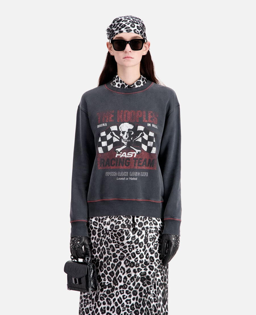 women's black sweatshirt with racing skull serigraphy