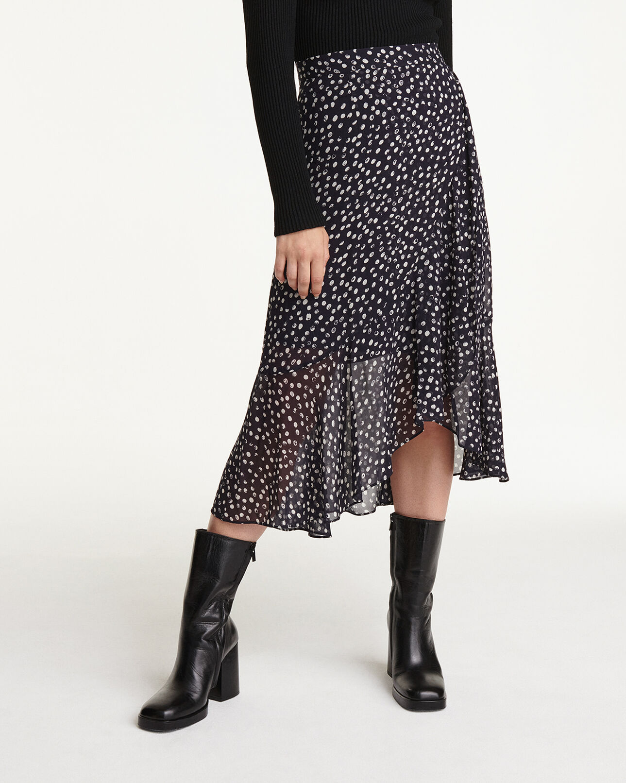 The Kooples FEMME NAVY / WHITE jupe longue fluide bleu marine à pois