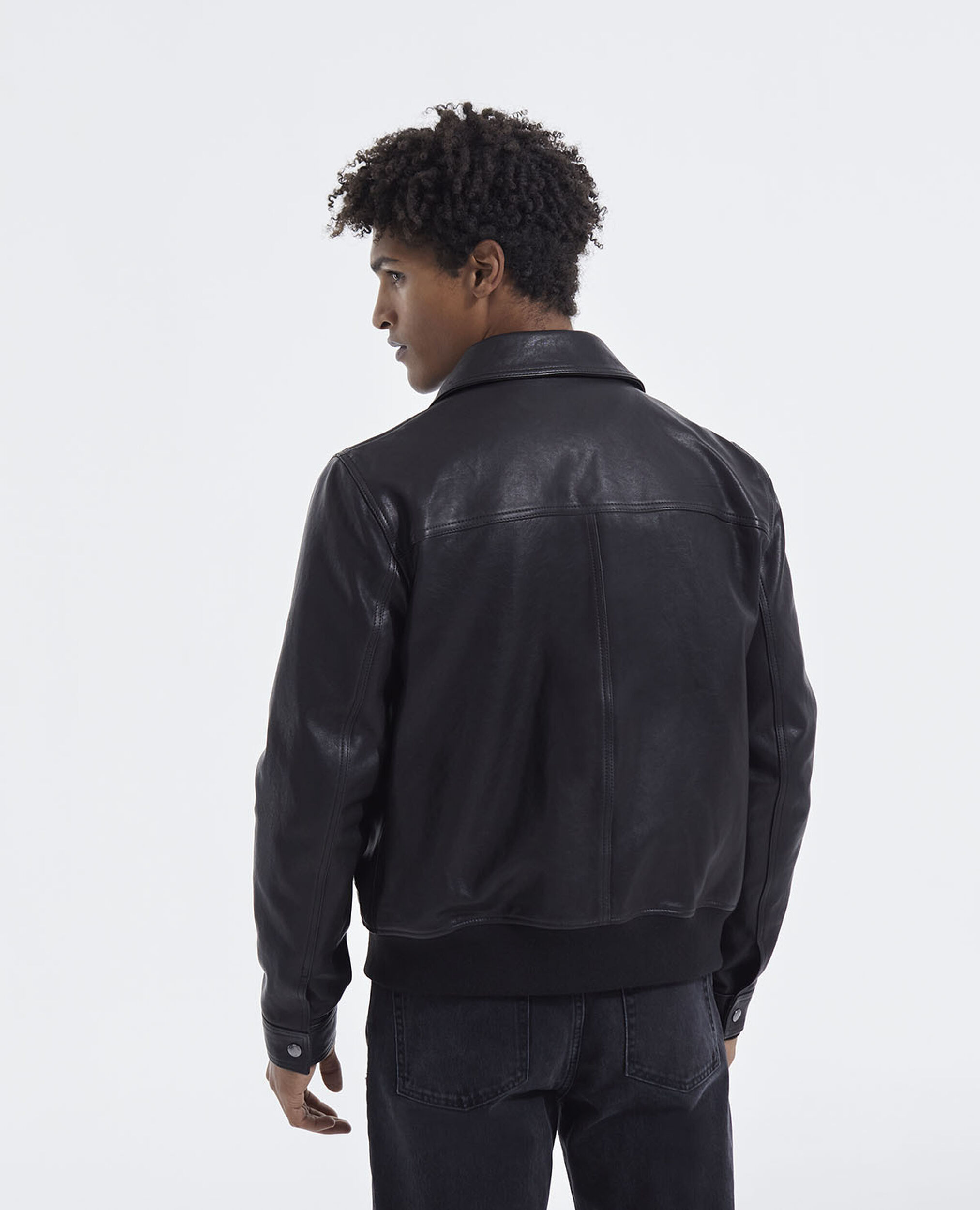 Aged-effect leather jacket with ribbed edges, BLACK, hi-res image number null