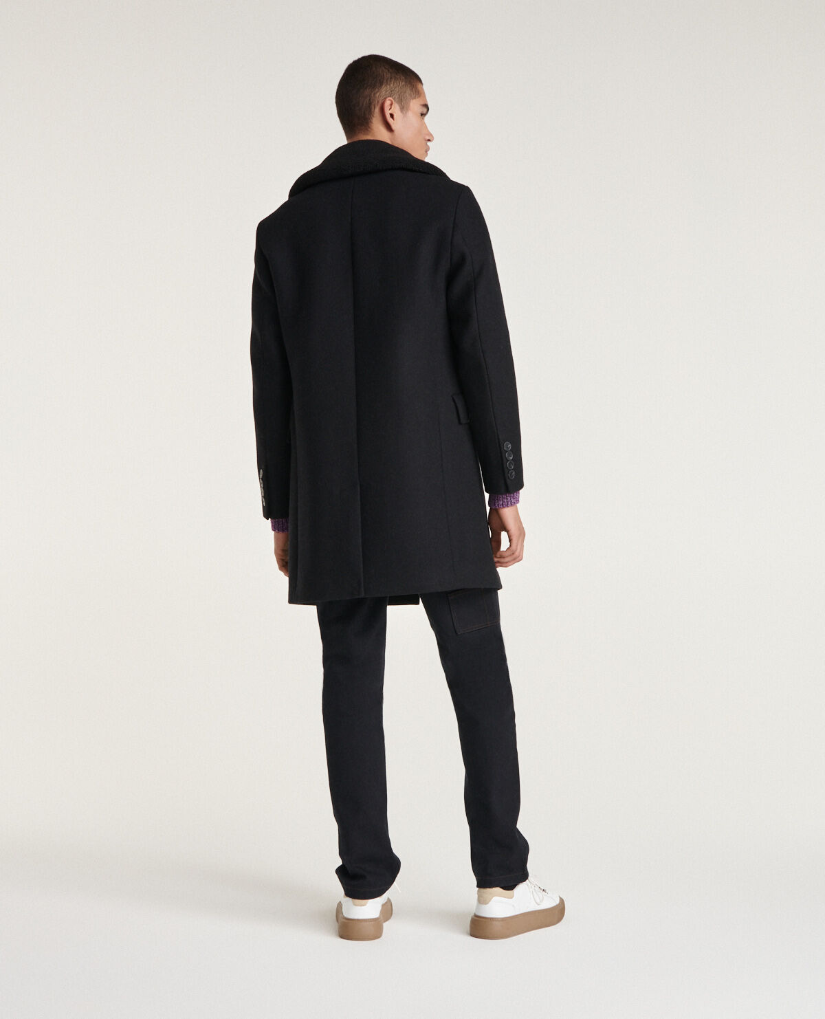 Long black wool coat with sheepskin collar The Kooples UK