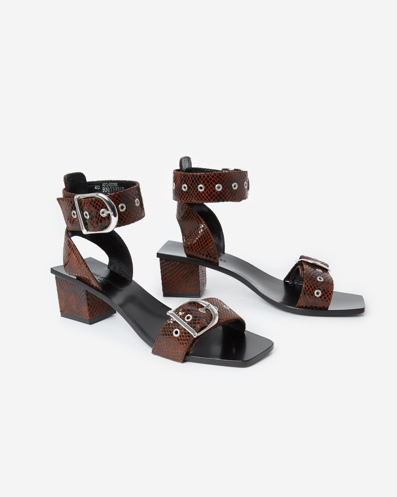 The Kooples FEMME BROWN sandales cuir à talons python marron