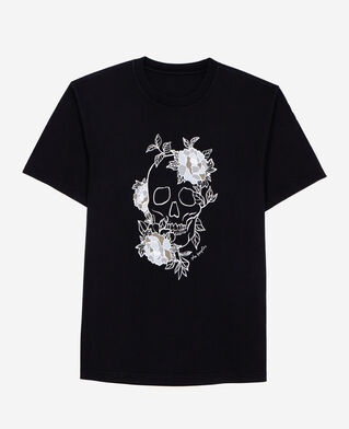 The Kooples H BLACK WASHED men's black t-shirt with flower skull serigraphy