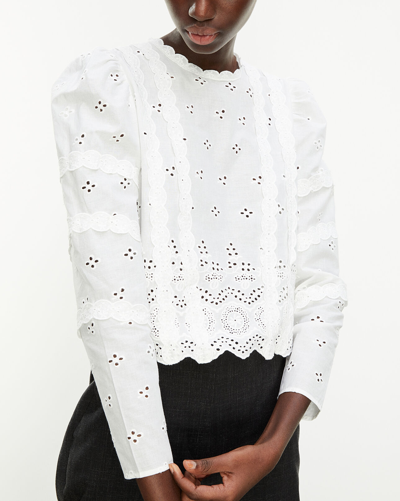 The Kooples FEMME ECRU top blanc manches longues broderie