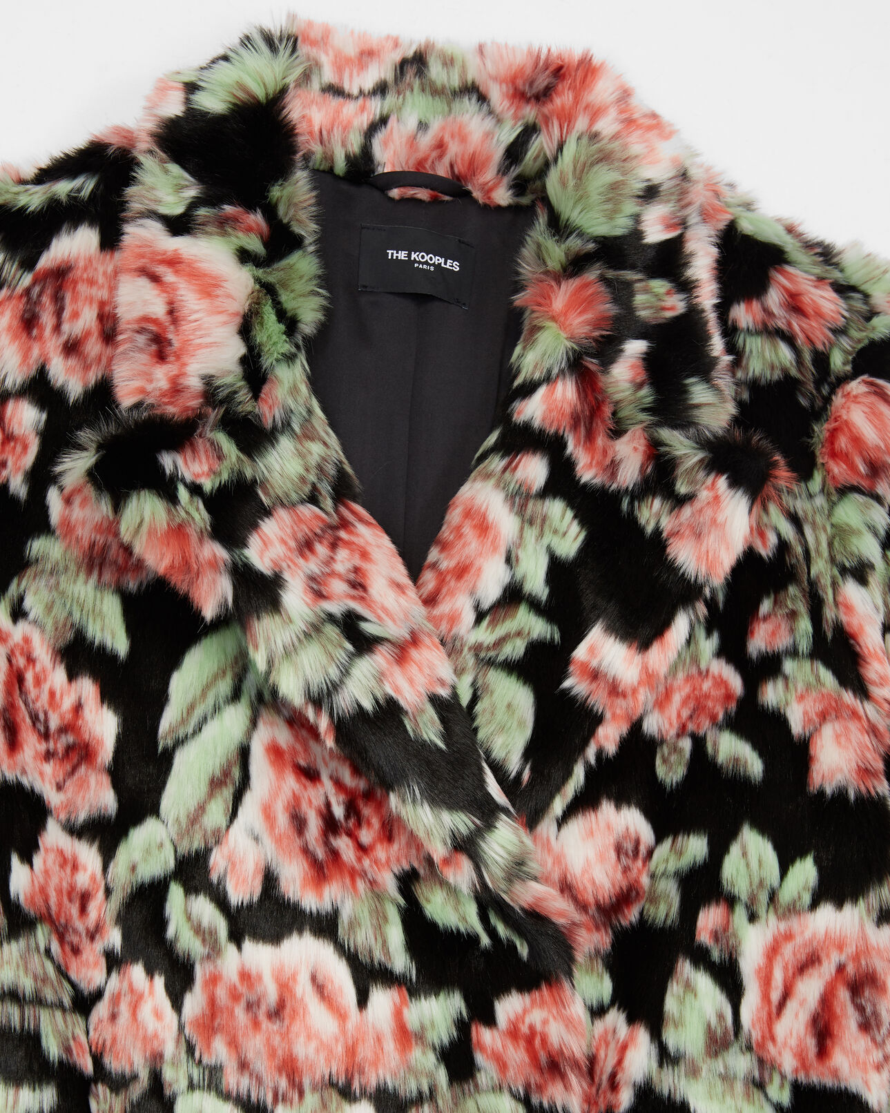 The Kooples WOMEN BLACK / PINK long fur coat with neon rose print