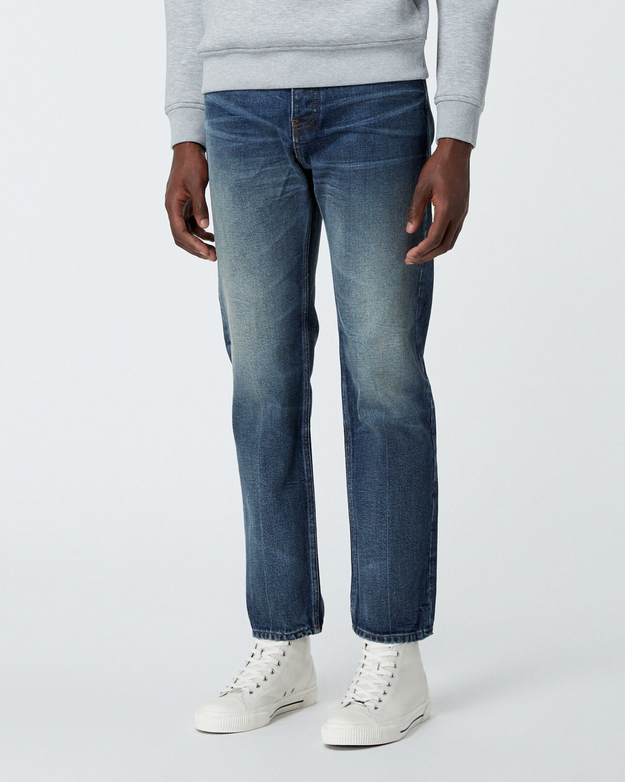 The Kooples MEN BLUE DENIM straight faded blue jeans in stretch cotton