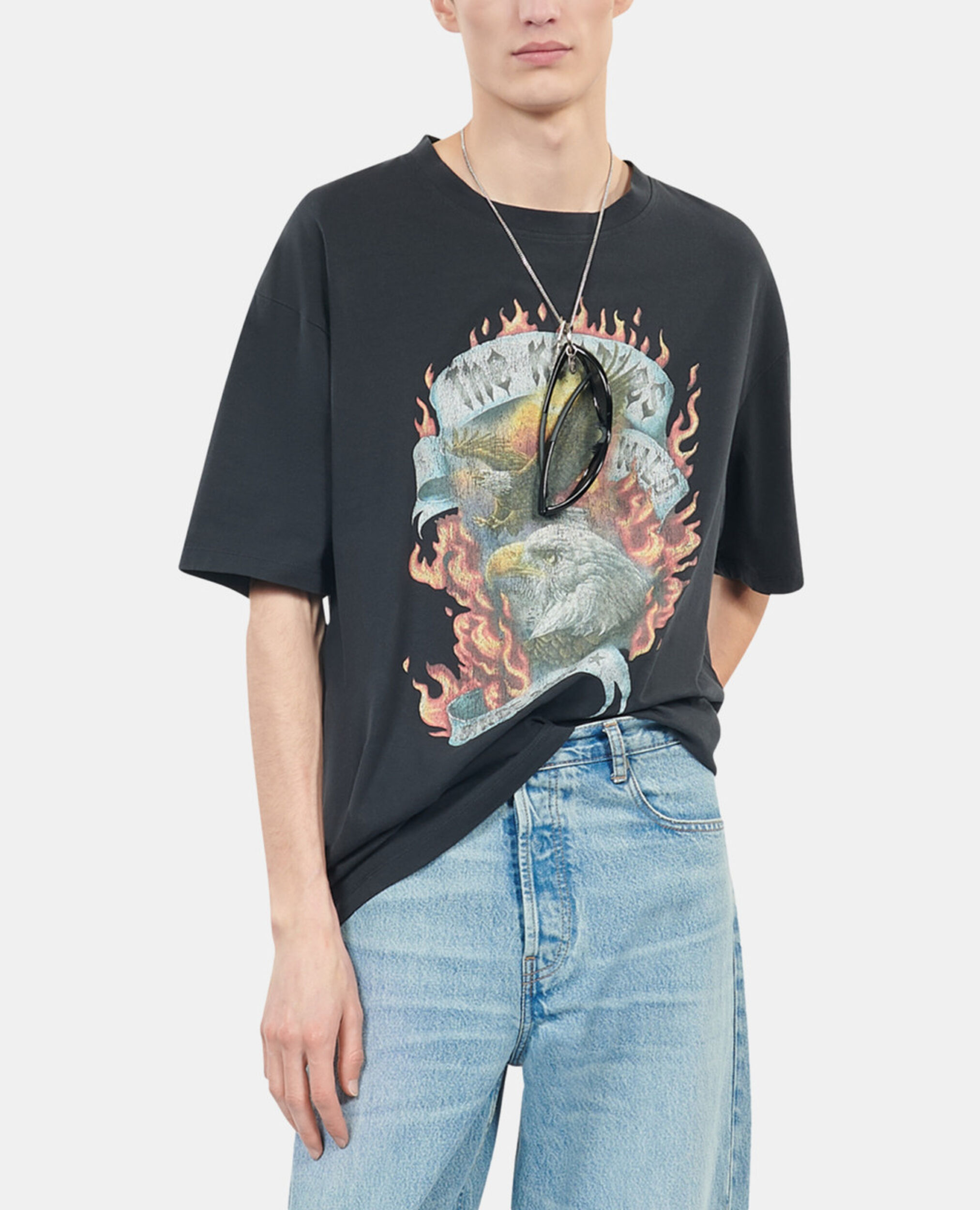 Black Eagles on fire black serigraphy t-shirt, BLACK WASHED, hi-res image number null