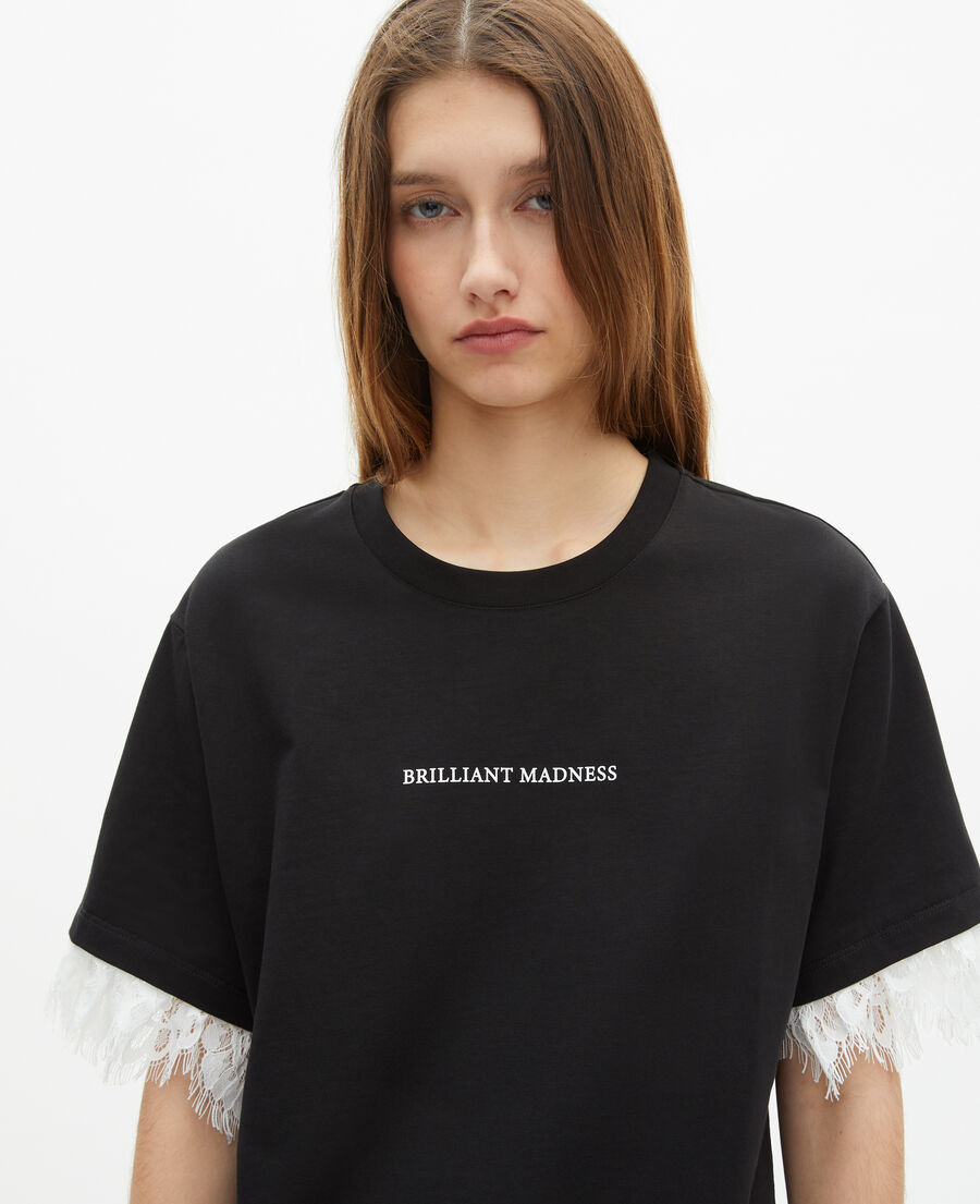 The Kooples WOMEN BLACK t-shirt with screen print and black lace