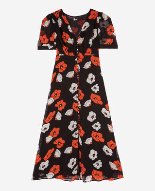 The Kooples DAMEN BLACK RED OFF WHITE langes kleid mit blumendruck schwarz