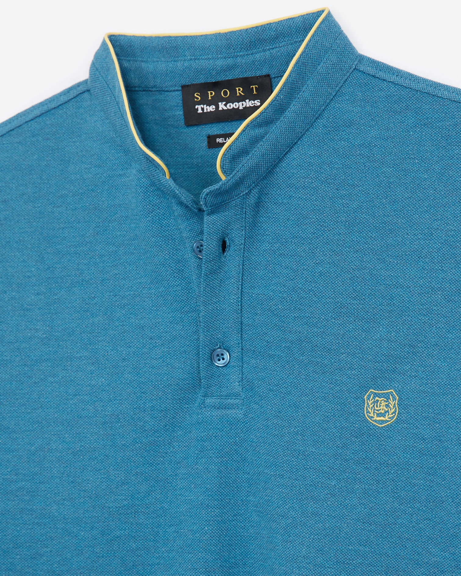 Heather blue polo shirt with stand-up collar and yellow piping, BLEU CHINE / SUN YELLOW, hi-res image number null