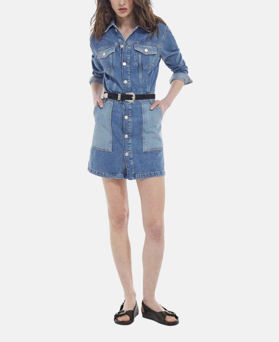 The Kooples FEMME BLUE WASHED robe courte jean bleu délavé boutonnée