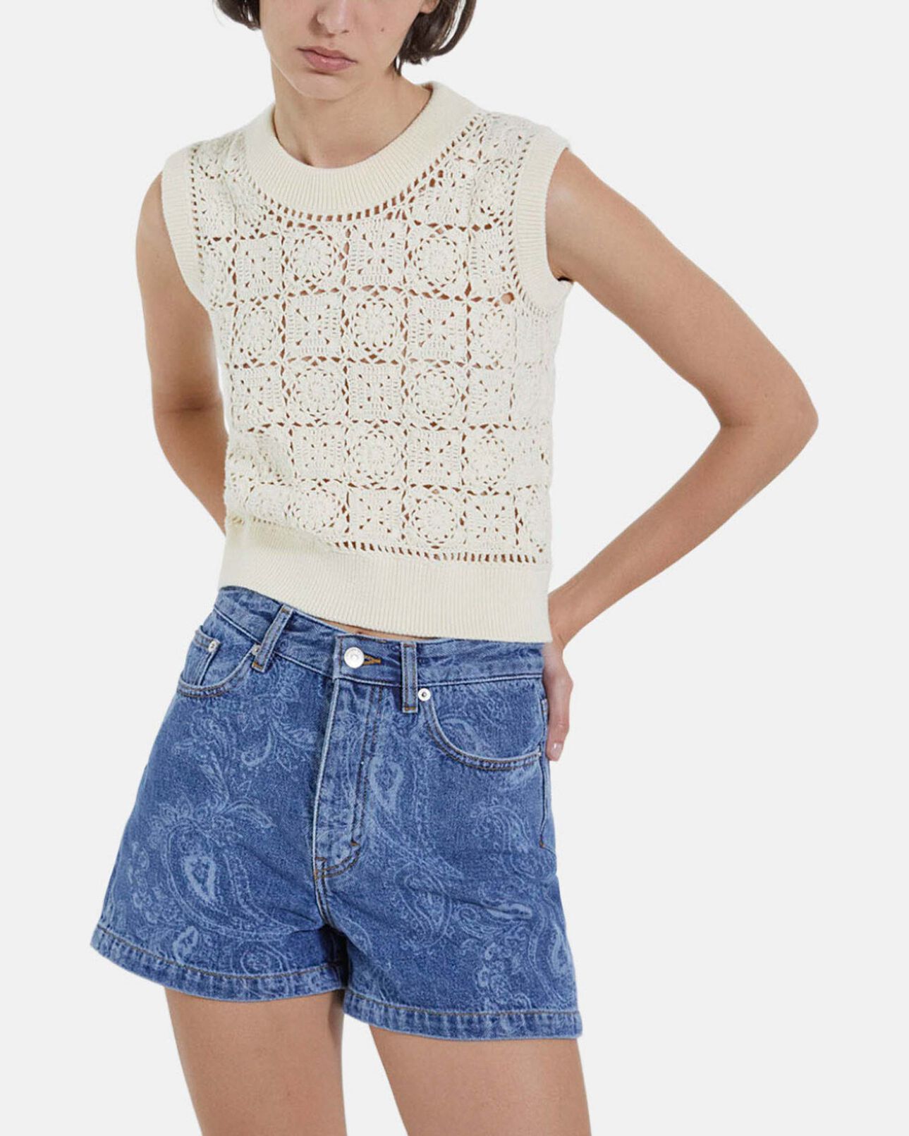 The Kooples FEMME ECRU pull coton écru sans manches effet crochet