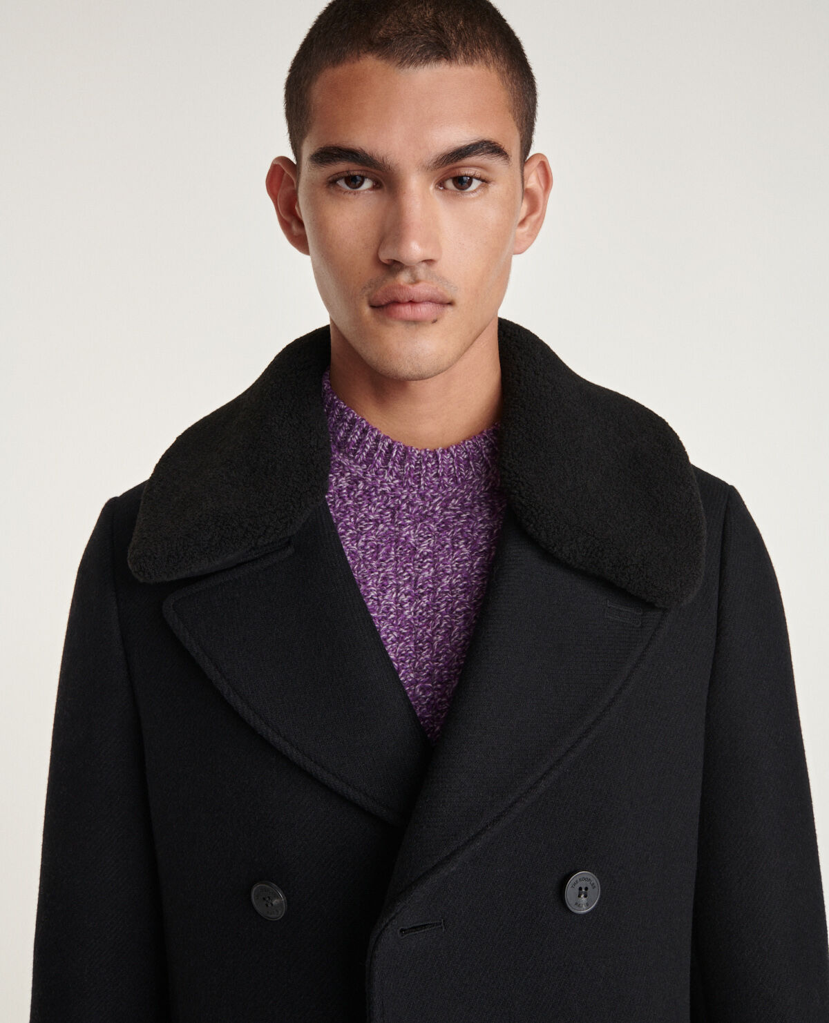 Long black wool coat with sheepskin collar The Kooples