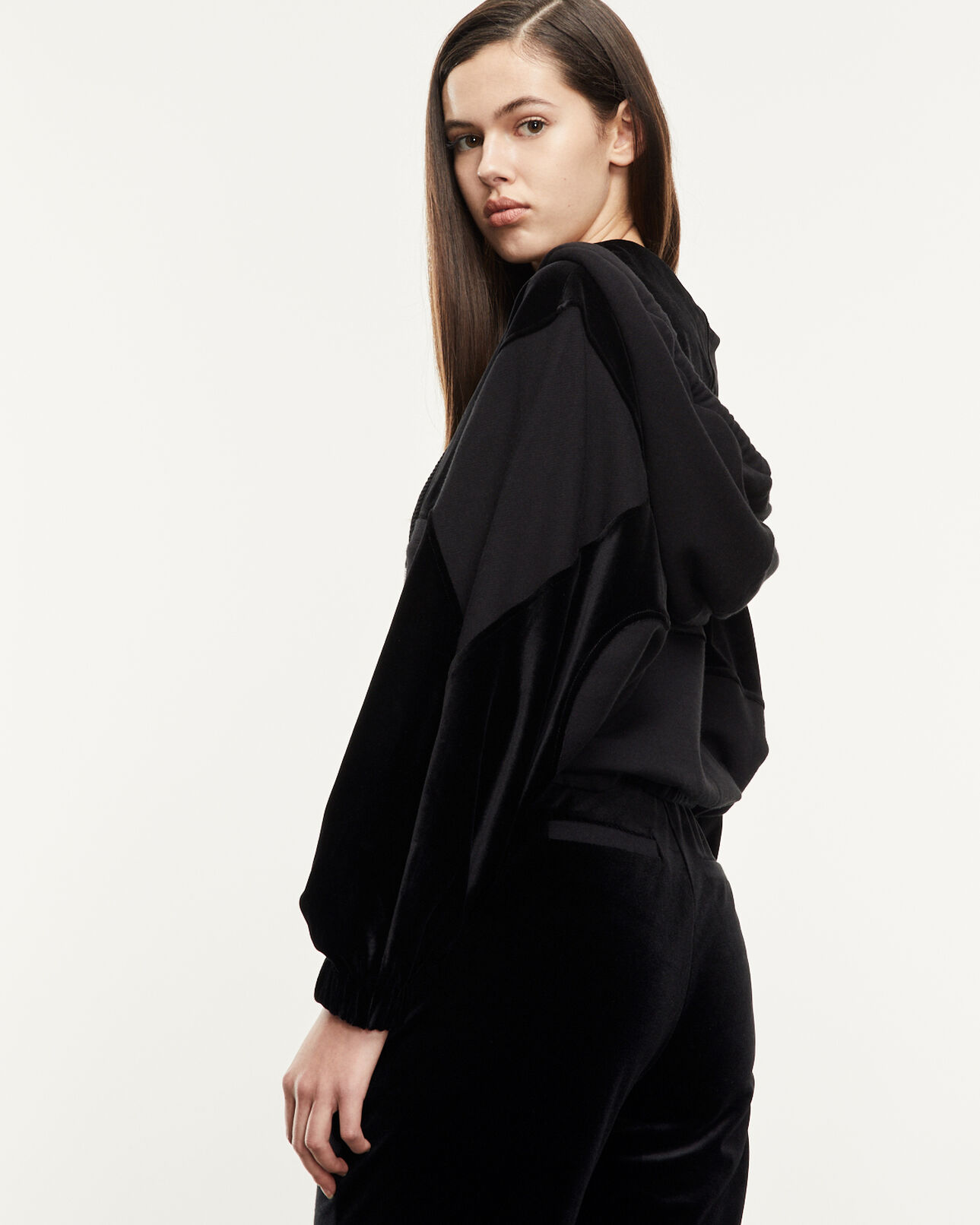 The Kooples WOMEN BLACK zipped dual-fabric black sweatshirt