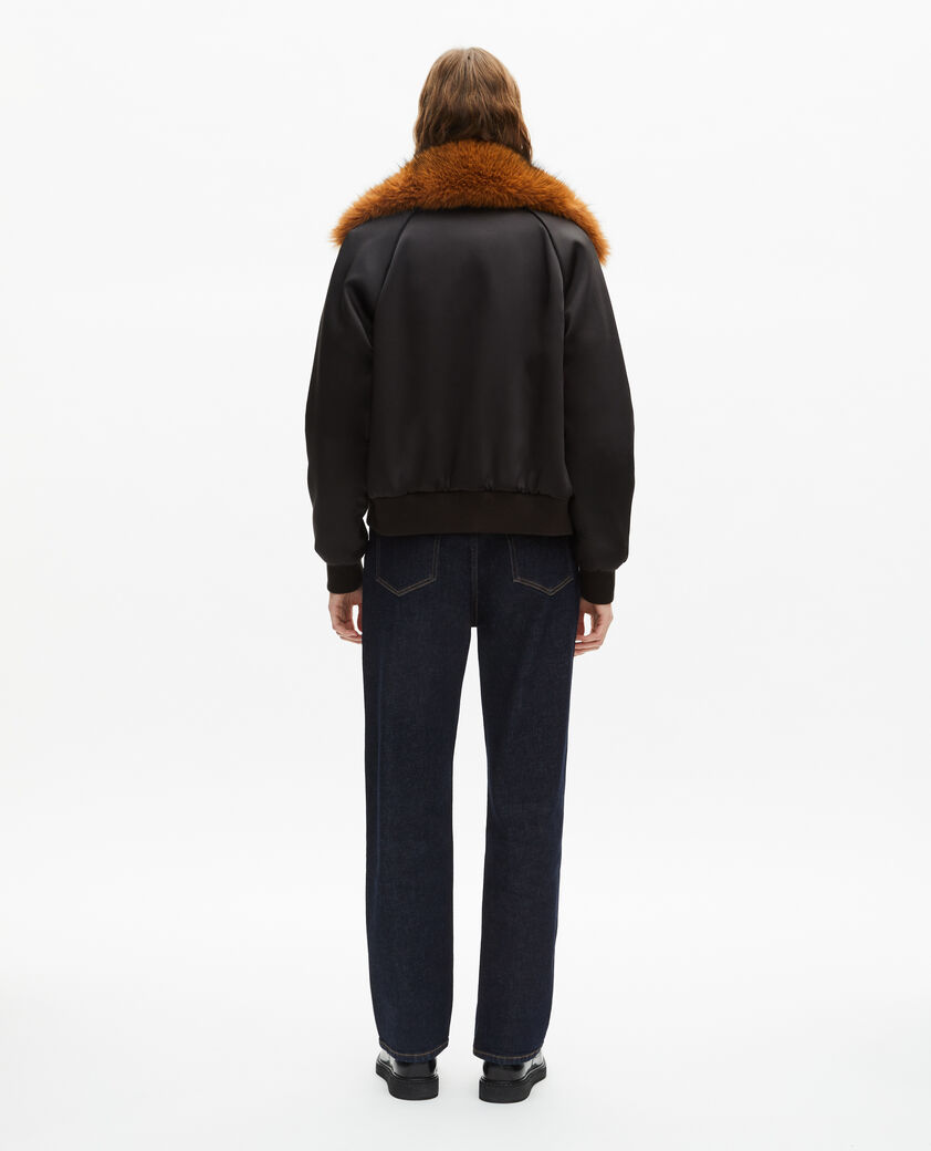 The Kooples WOMEN BLACK black satin fur collar jacket