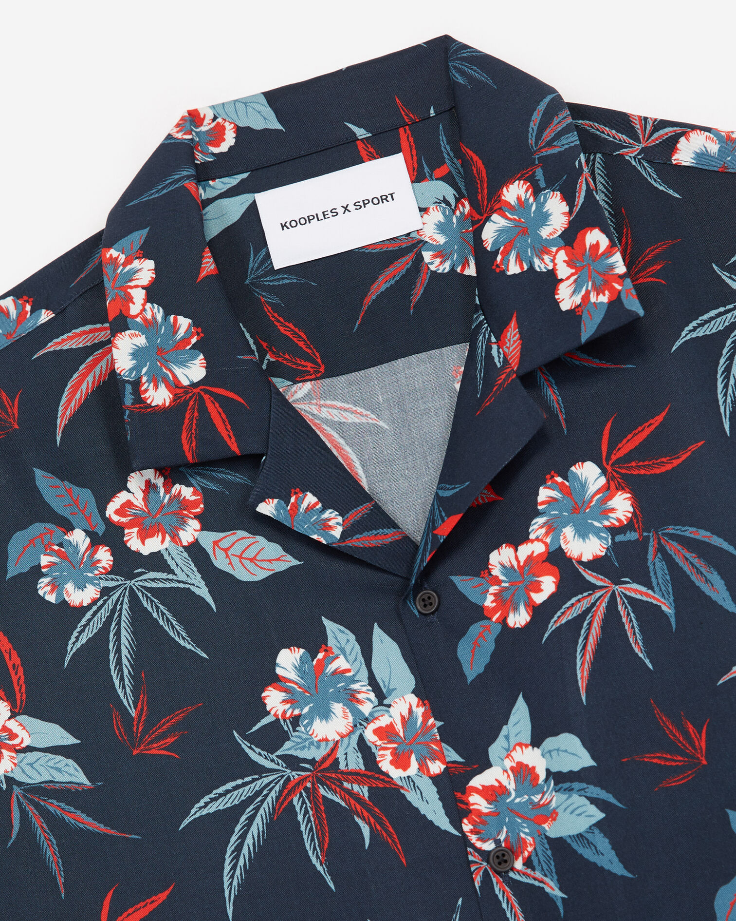 Blue short-sleeved shirt with floral print, NAVY / FIRE RED, hi-res image number null