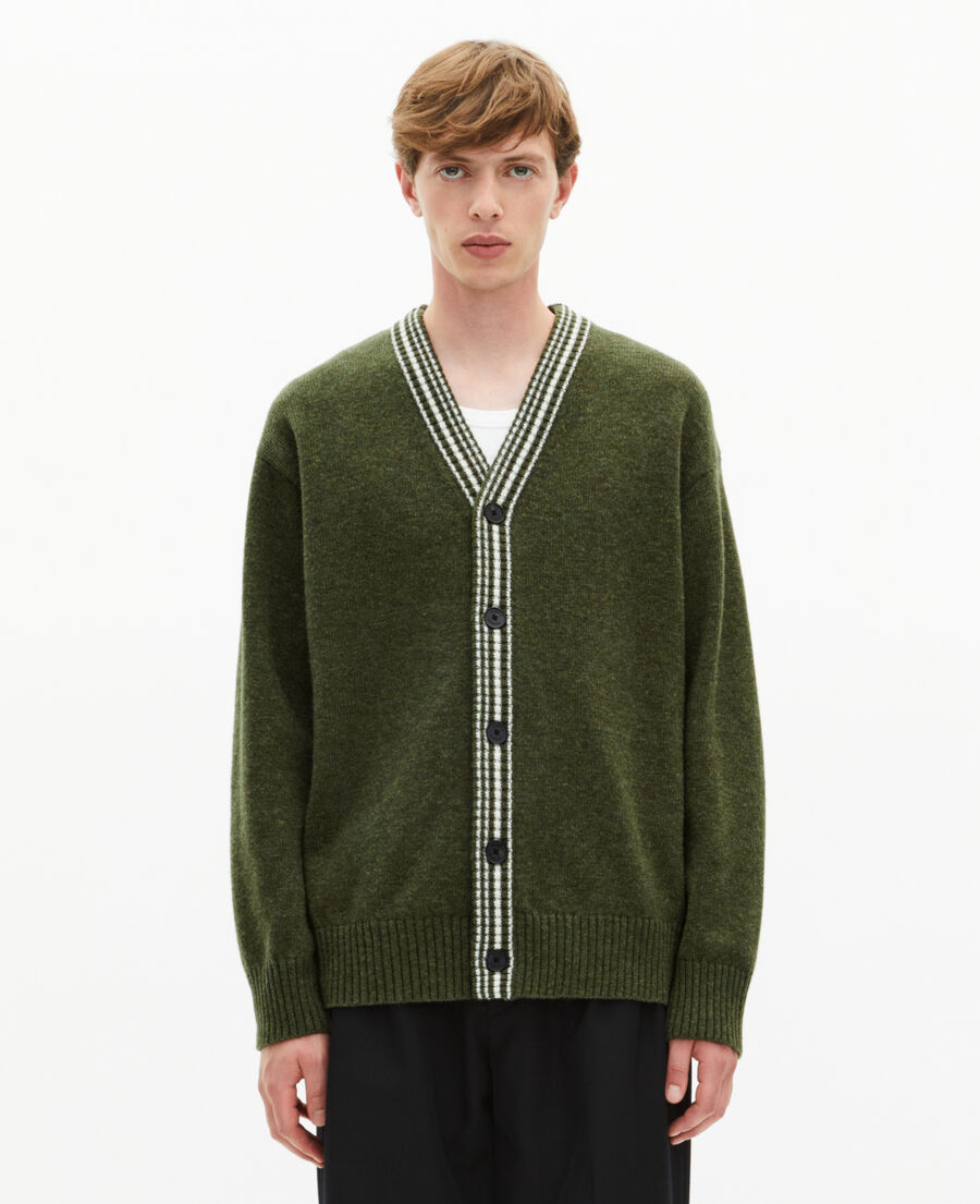 The Kooples MEN GREEN wool cardigan with khaki contrasting stripes