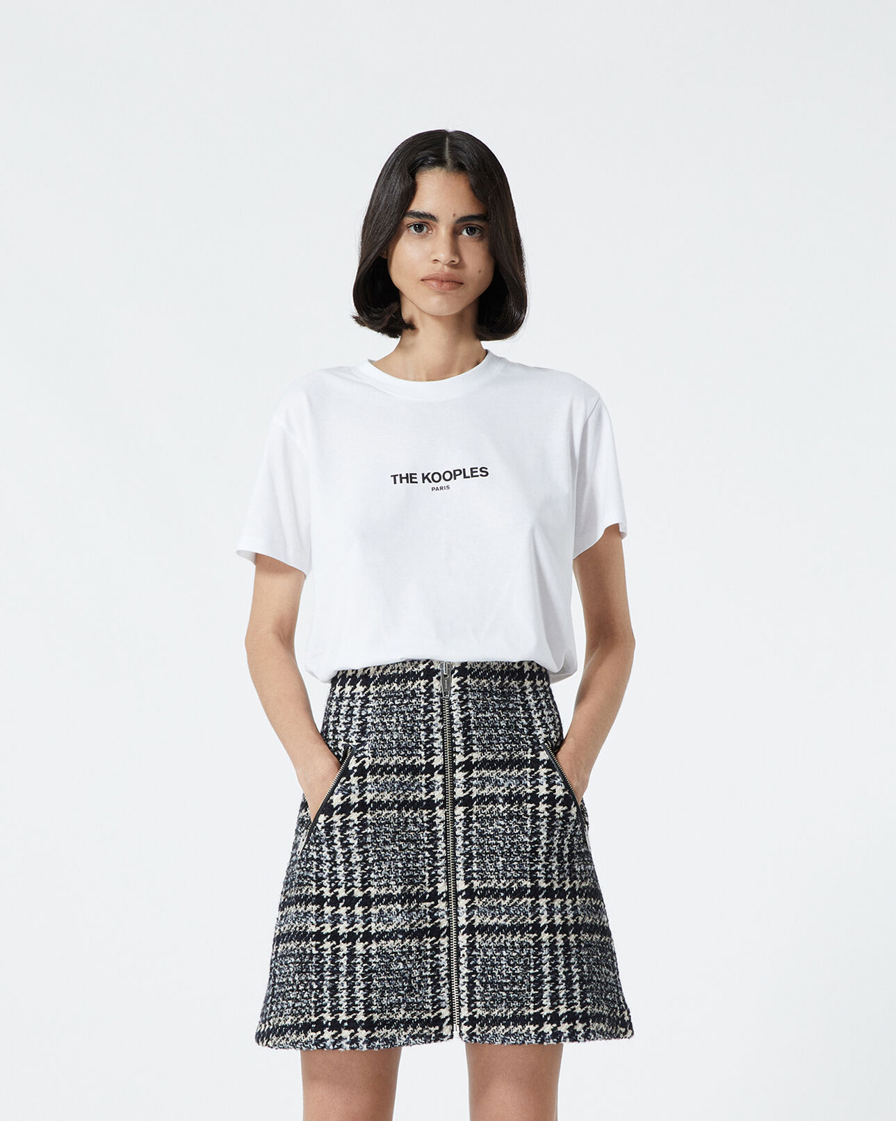 The Kooples WOMEN DARK NAVY short blue tweed skirt with leather detail