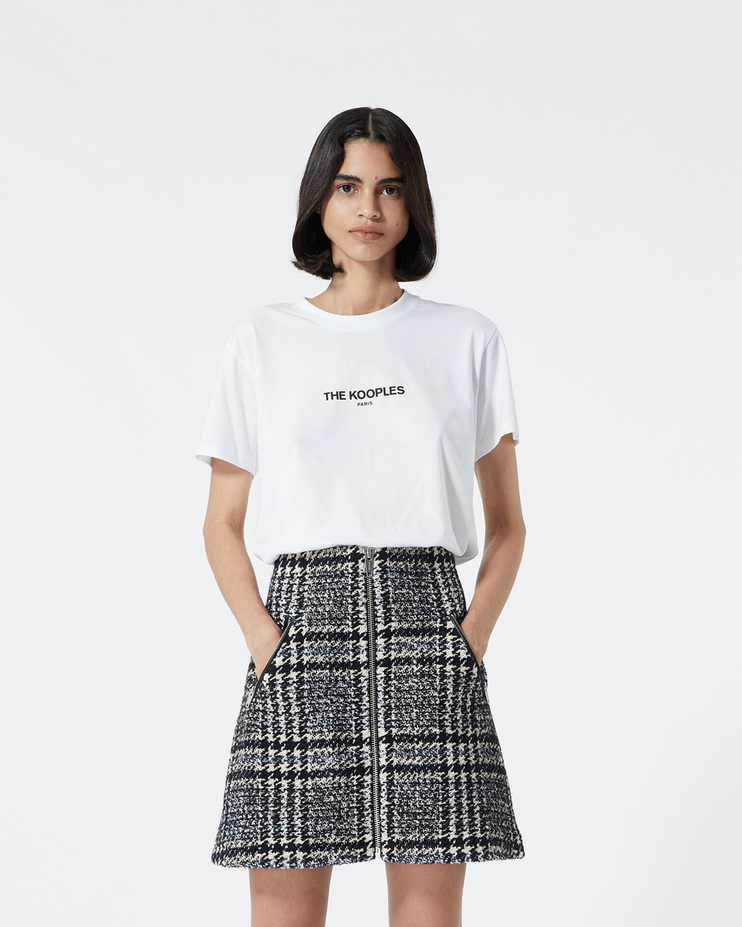 Short blue tweed skirt with leather detail, DARK NAVY, hi-res image number null