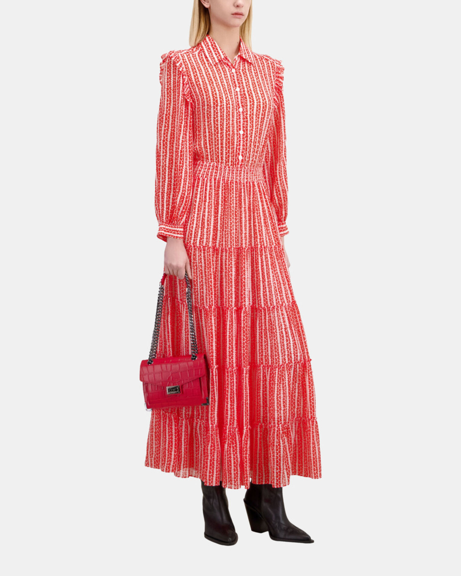 Robe longue imprimée avec volants, RED WHITE, hi-res image number null