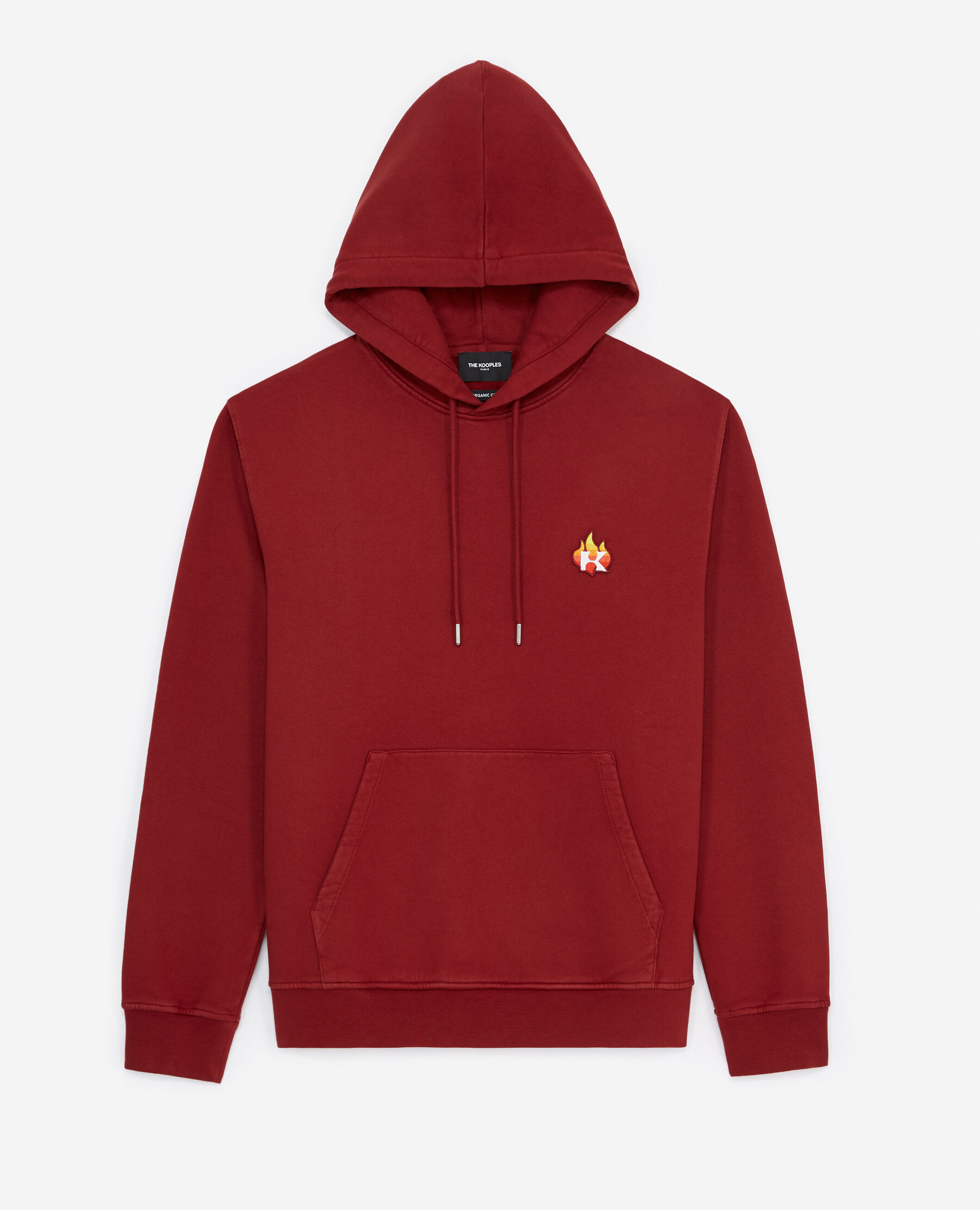 Red hooded sweatshirt embroidered flame logo