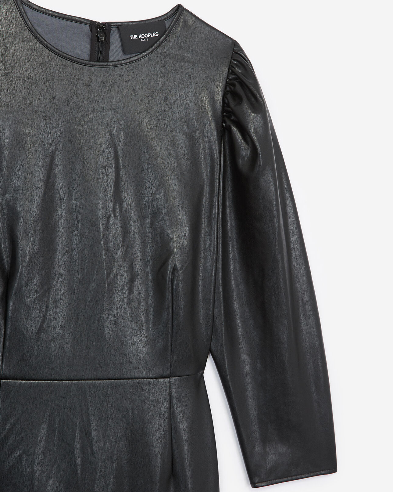 The Kooples FEMME BLACK robe courte noire col rond faux cuir