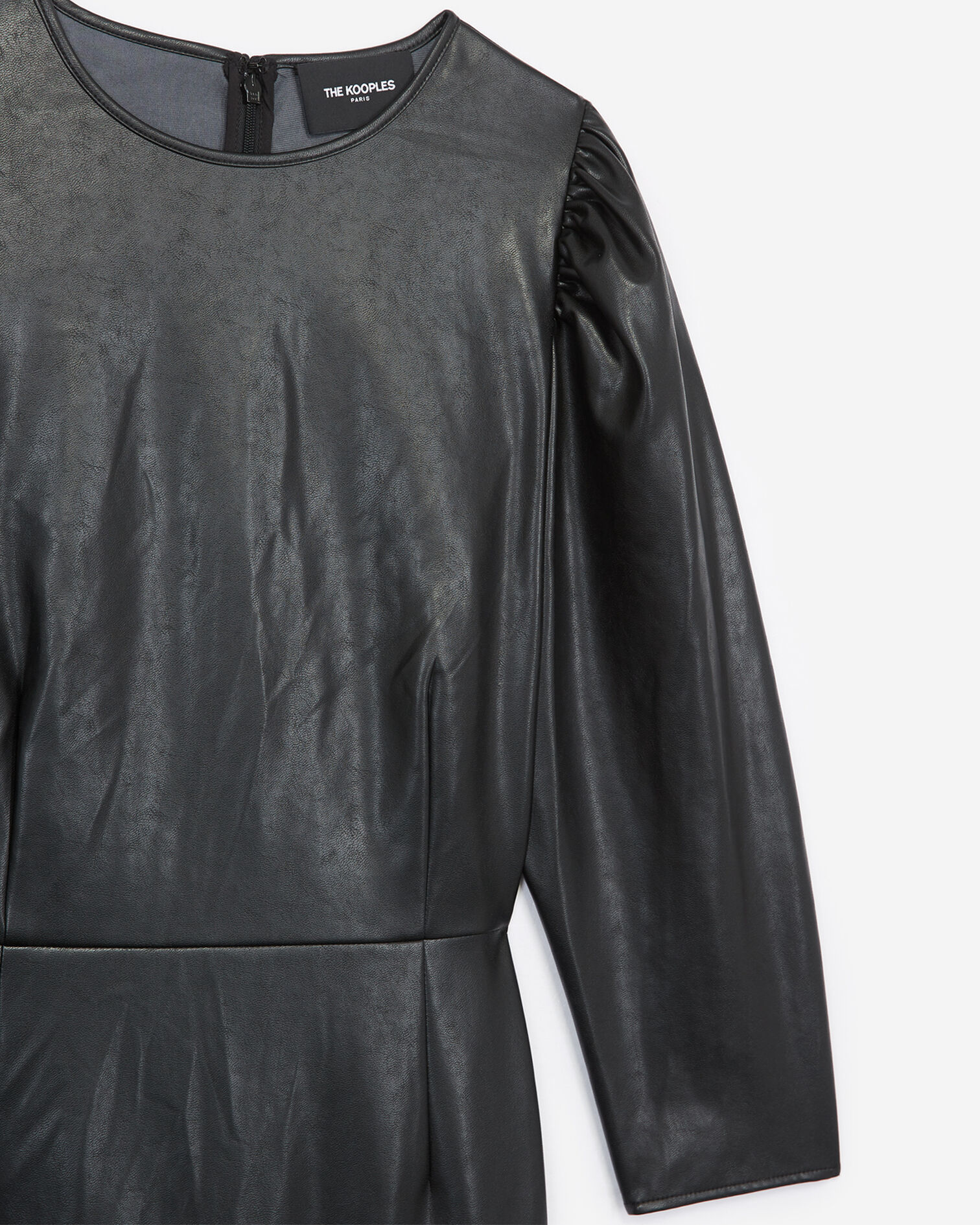 Robe courte noire col rond faux cuir, BLACK, hi-res image number null