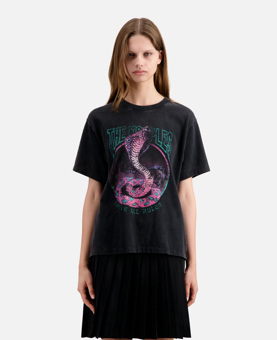 women's black t-shirt with cobra serigraphy