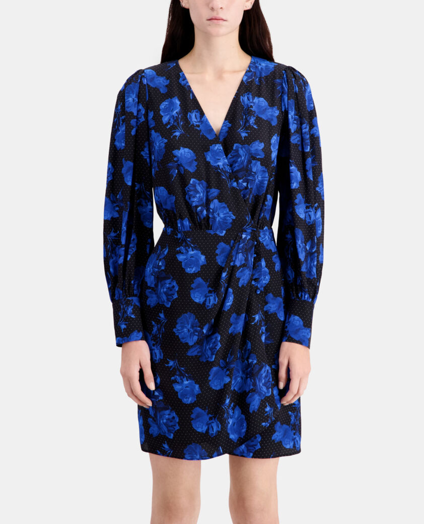 The Kooples FEMME BLACK BLUE robe portefeuille courte imprimée en soie