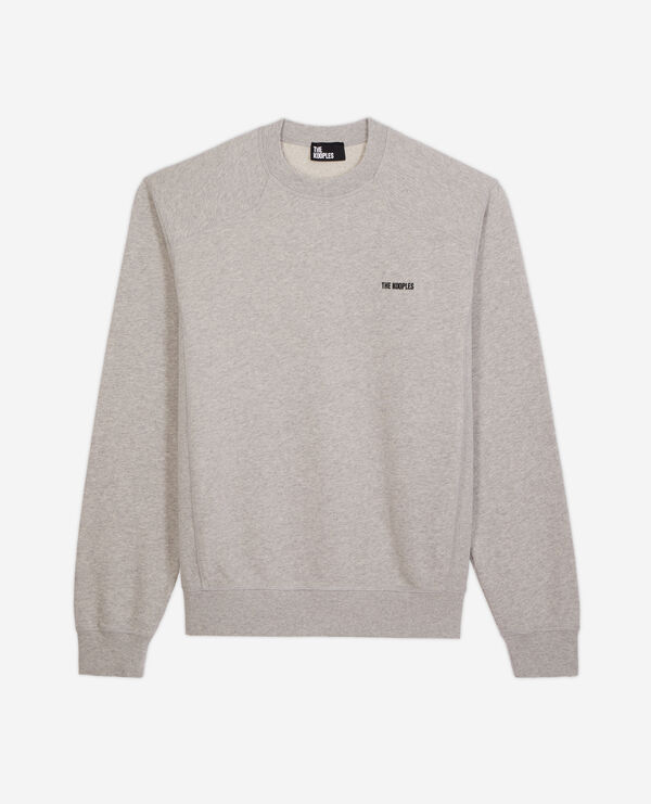 light gray sweatshirt with logo