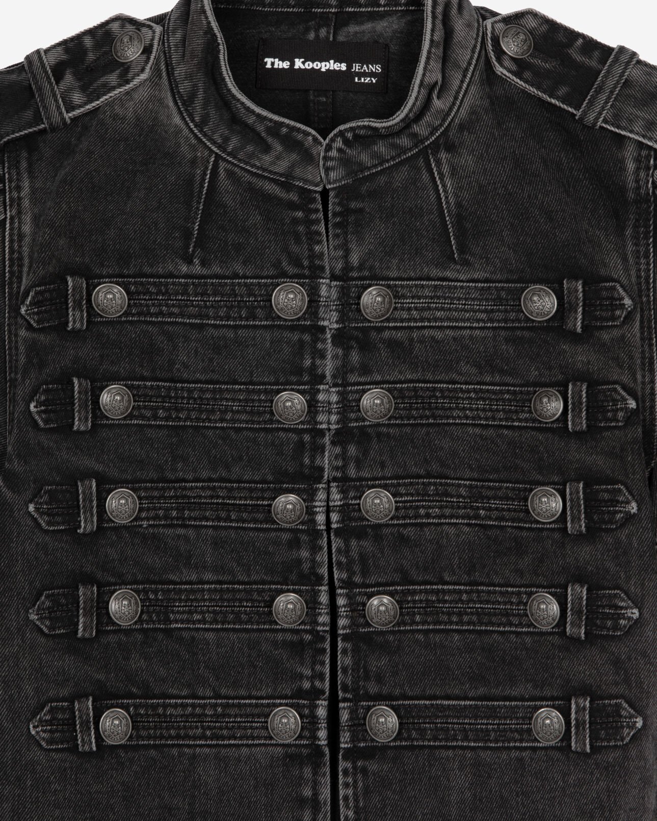 The Kooples DAMEN BLACK WASHED graue kurzärmelige offiziersjacke aus denim