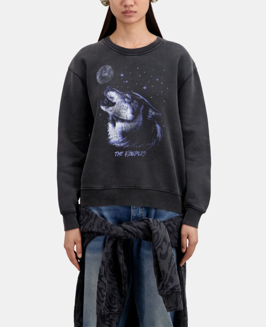 The Kooples F BLACK WASHED women's black sweatshirt with wolf serigraphy