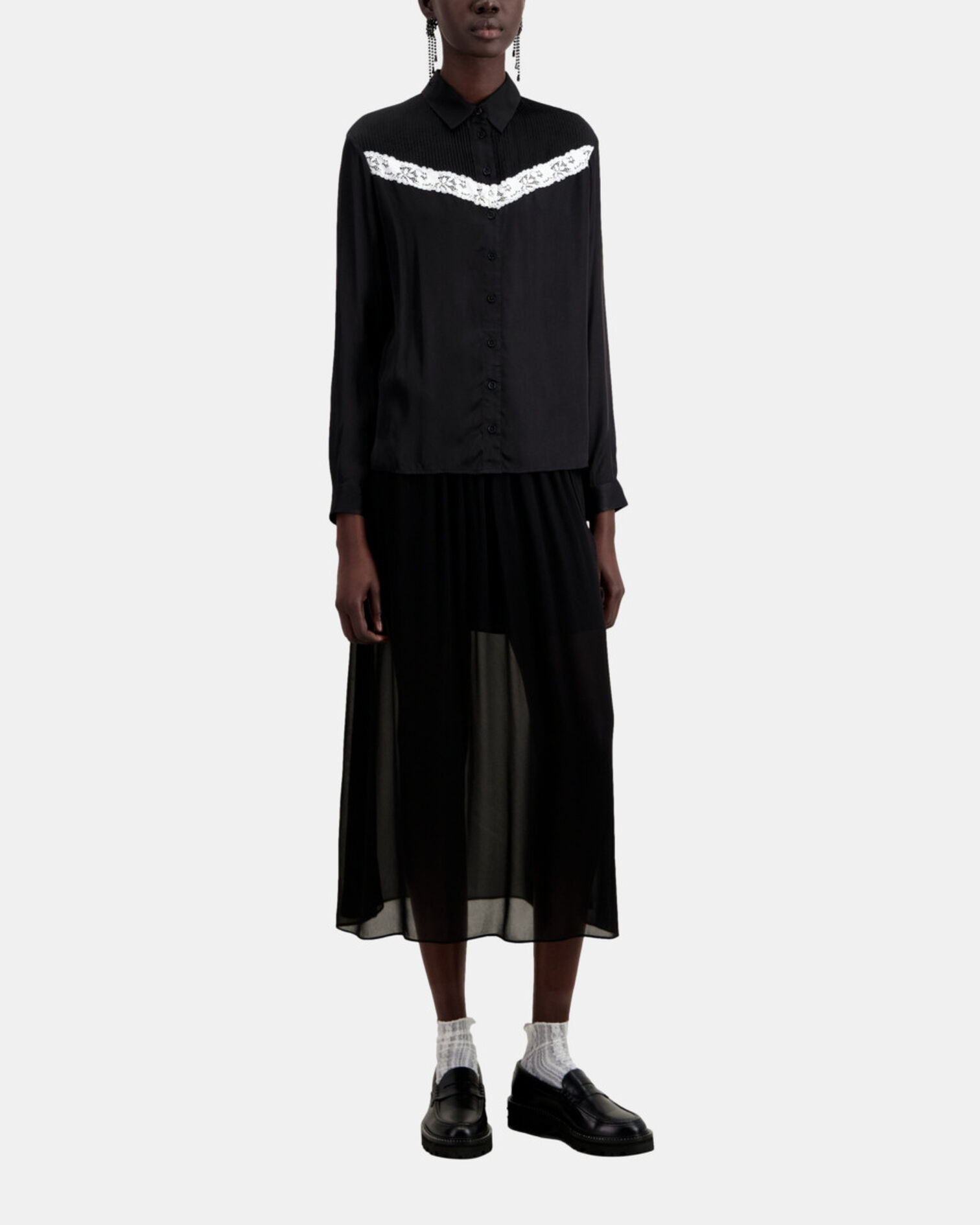 Chemise noire avec détail en dentelle, BLACK, hi-res image number null