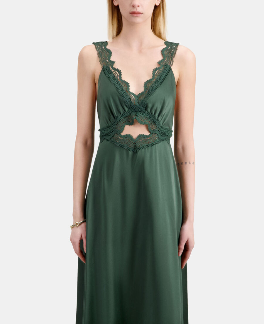 The Kooples WOMEN WOOD KAKI long green slip dress with guipure