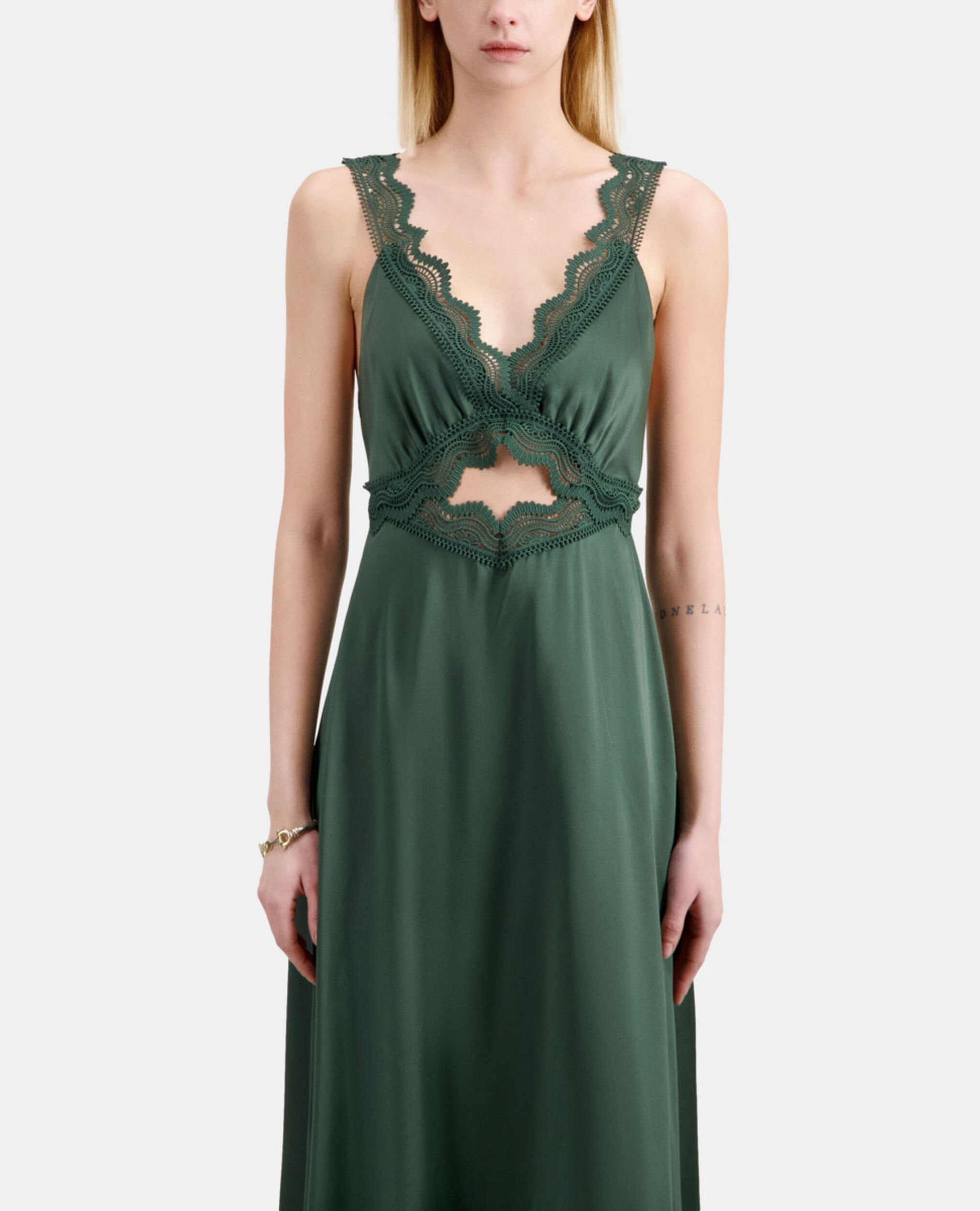 Long green slip dress with guipure, WOOD KAKI, hi-res image number null