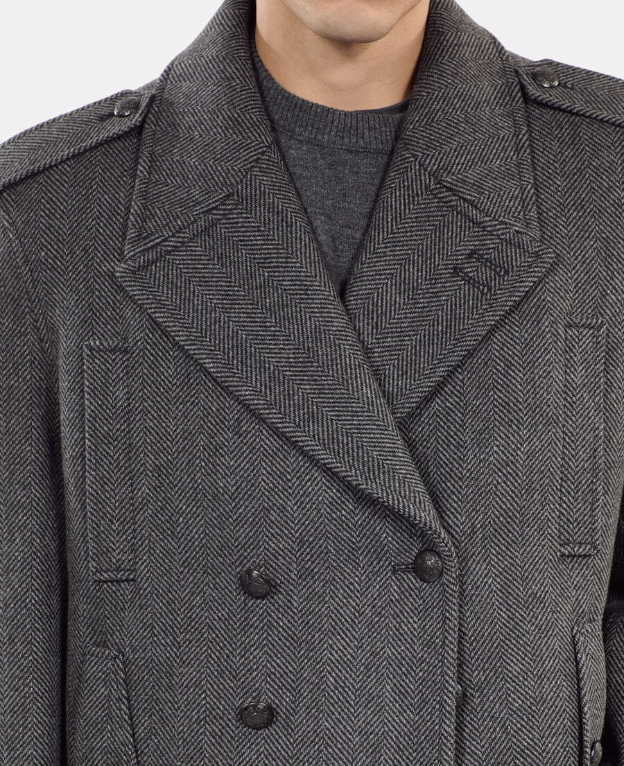 The Kooples H BLACK GREY black herringbone wool blend pea coat